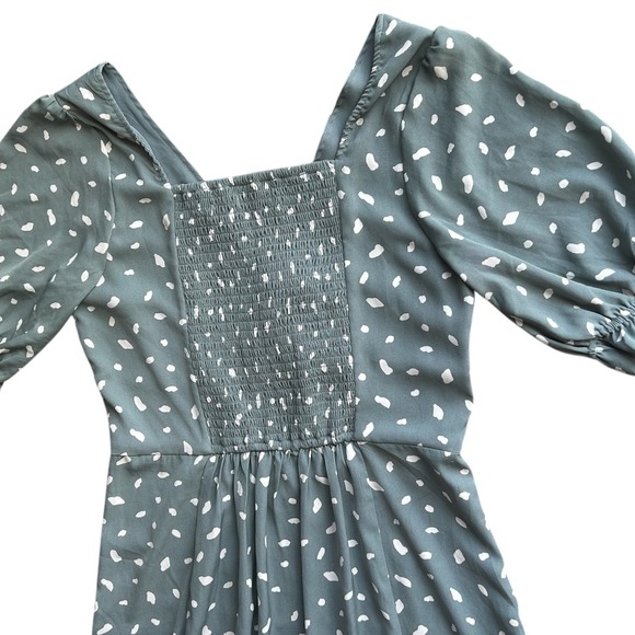 Abercrombie & Fitch Midi Printed Sage Slate Green Dress Smocked Slit Size L - Picture 4 of 8